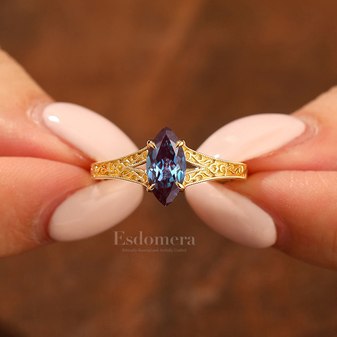 Solitaire 1CT Marquise Cut Alexandrite Filigree Ring Vintage Split Shank Bridal Ring