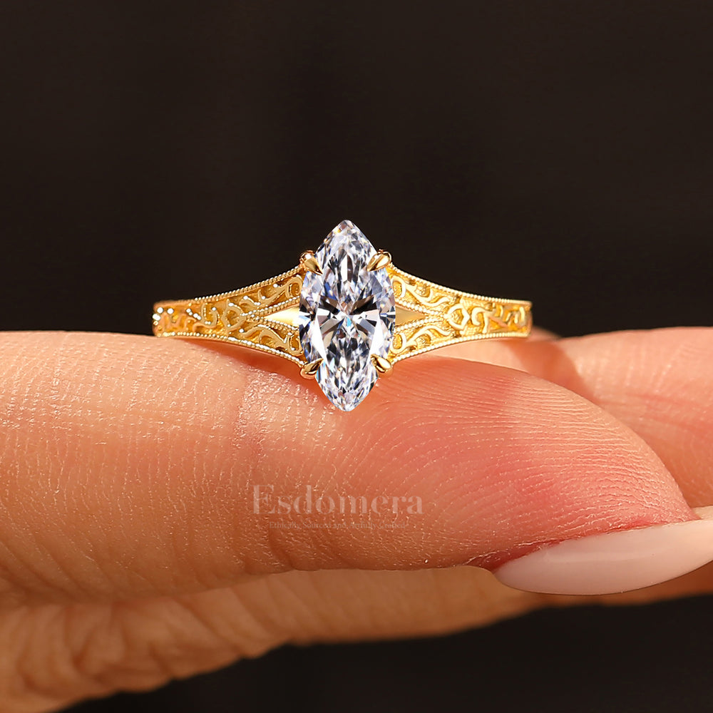 14K Vintage Solitario Marquesa con Dividido en Uña Anillo de Compromiso con Diamante Cultivado en Laboratorio Anillo de Boda de Filigrana en Oro Amarillo Anillo de 1CT Oro Amarillo Marquesa Cuat Anillo de Boda (Certificado IGI)