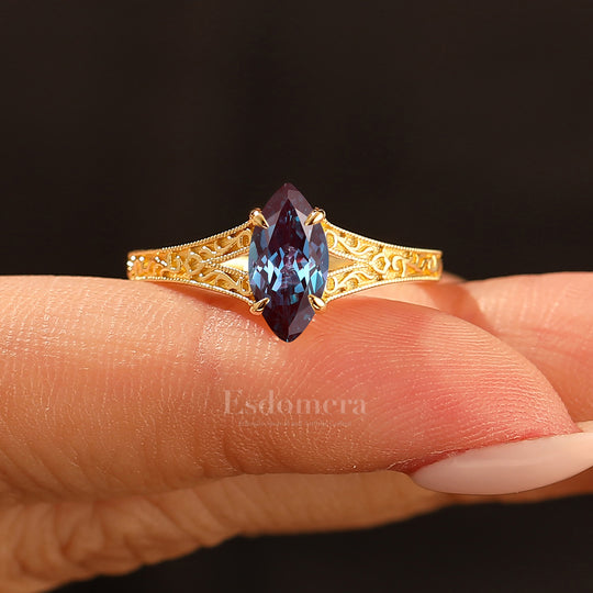 Solitaire 1CT Marquise Cut Alexandrite Filigree Ring Vintage Split Shank Bridal Ring