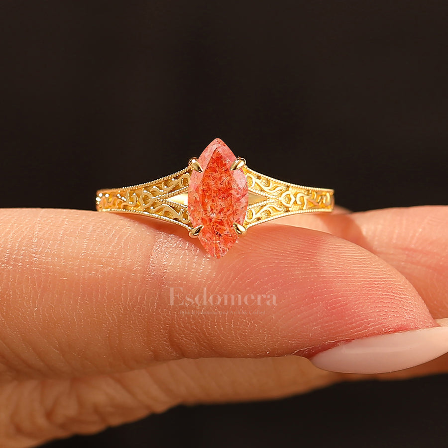 Solitaire 1CT Marquise Cut Natural Sunstone Engagement Ring Milgrain Filigreed Women Ring