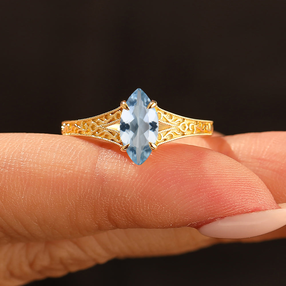 Vintage Anillo de Compromiso para Mujer con Aguamarina Corte Marquesa y Dividido en la Parte Superior, Oro Amarillo Macizo