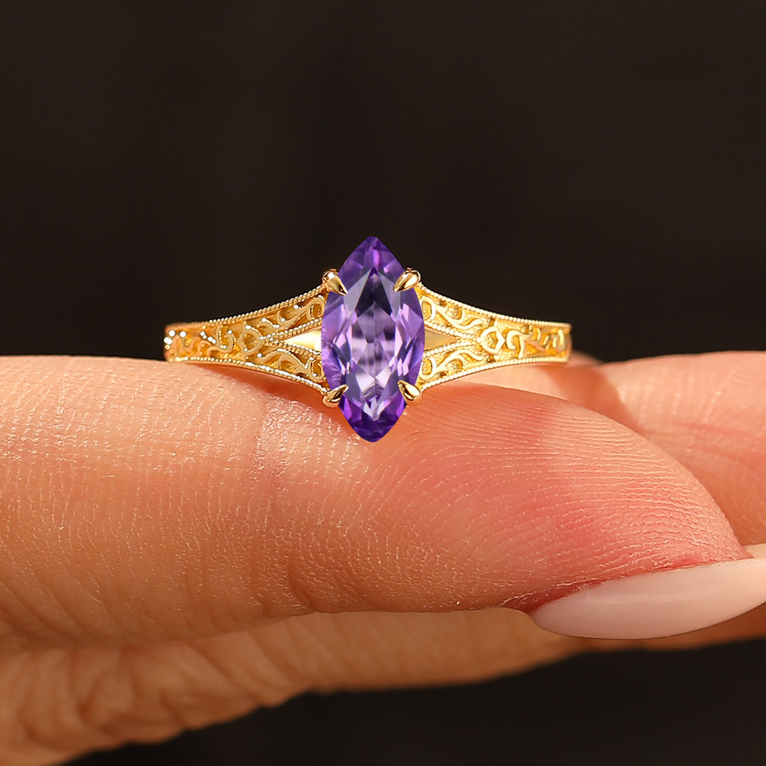 Vintage 4 Prongs Marquise Cut Amethyst Wedding Ring Split Shank 14K Yellow Gold Women Ring