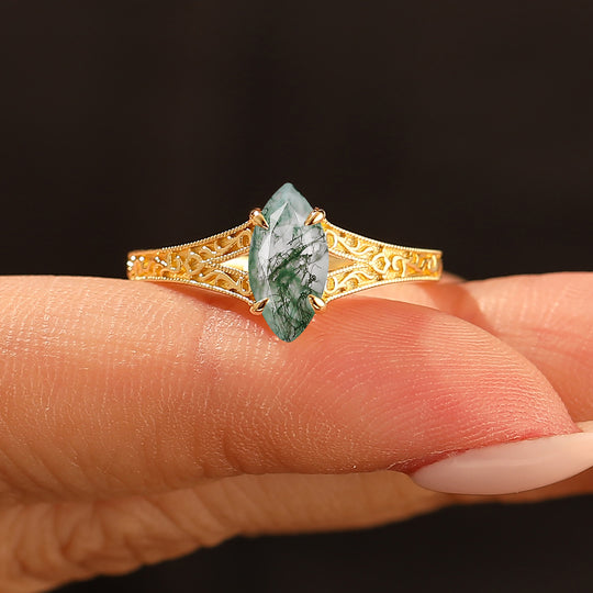 Anillo de compromiso para mujer con ágata musgosa natural talla marquesa 1CT Solitaire con filigrana y milgrain