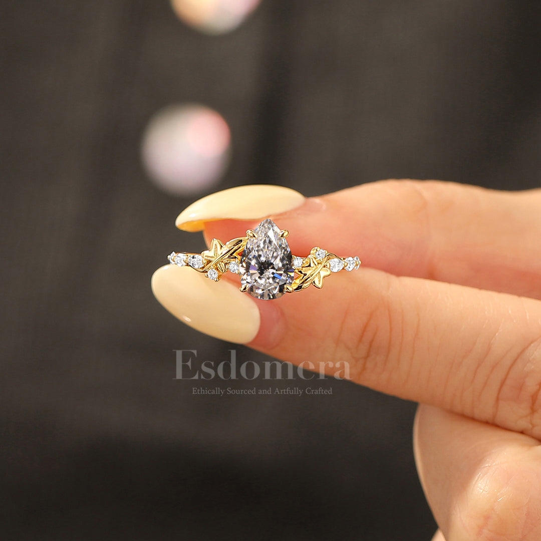 Fairytale Pear Cut Lab Grown Diamond Engagement Ring Carved Leaf Wedding Ring For Her (IGI Certified)