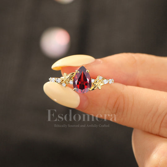 Fairycore Inspired Pear Cut Red Garnet Engagement Ring Botanical Design Women Fine Ring