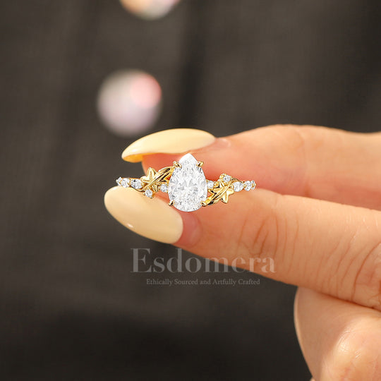 Ethereal Pear Cut Moissanite Women Wedding Ring Leaf Motif Engagement Ring