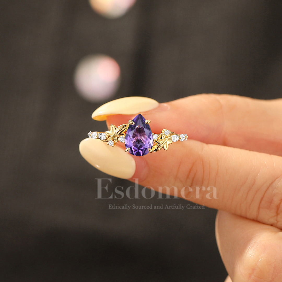 Woodland Inspired Pear Natural Amethyst Engagement Ring Delicate Stone Accents Bridal Ring