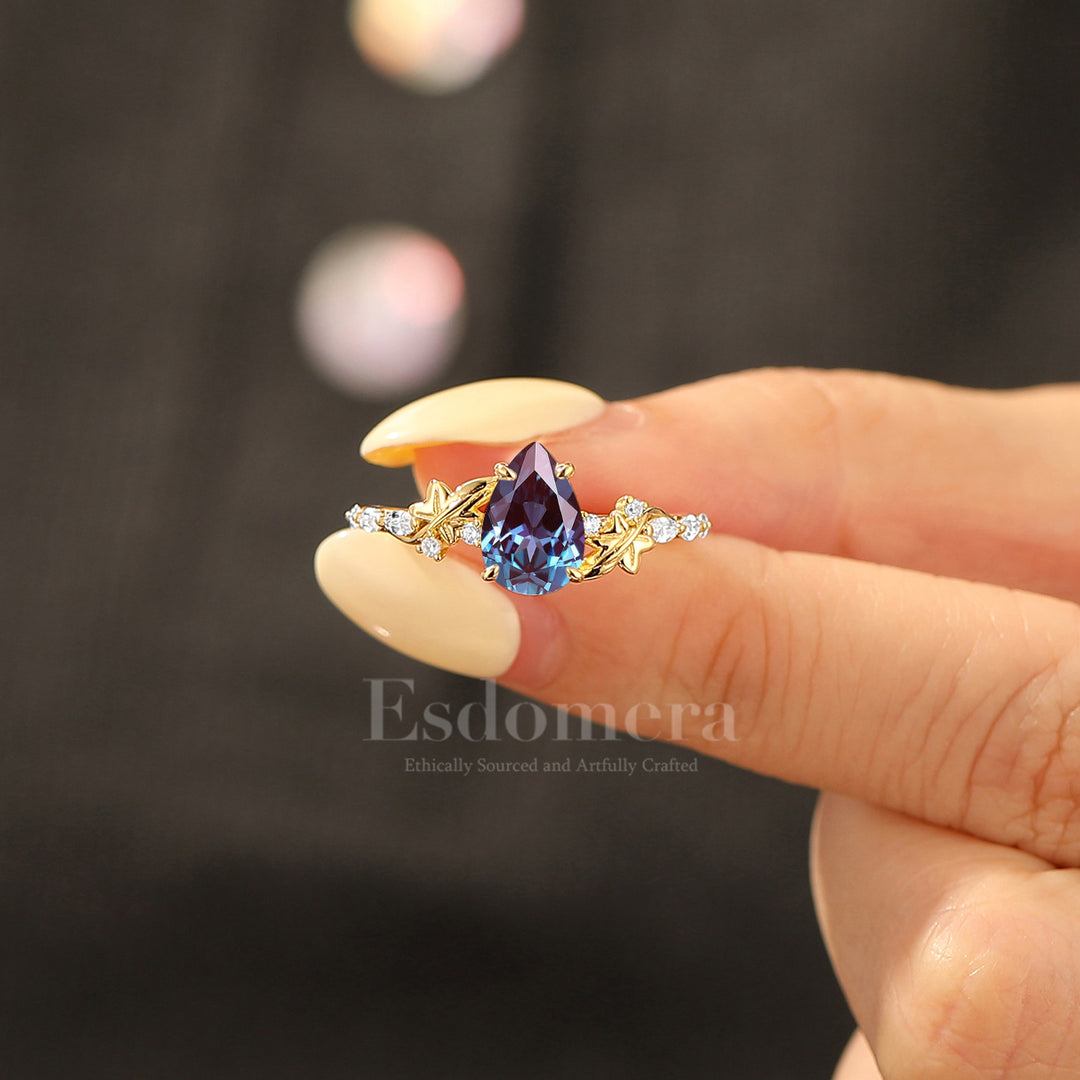 Sculpted Botanical Alexandrite Wedding Band Flowing Curves Band Side Accents Women Ring