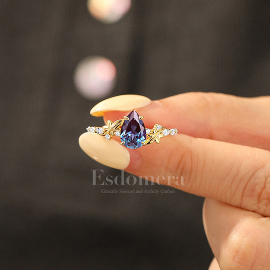 Sculpted Botanical Alexandrite Wedding Band Flowing Curves Band Side Accents Women Ring