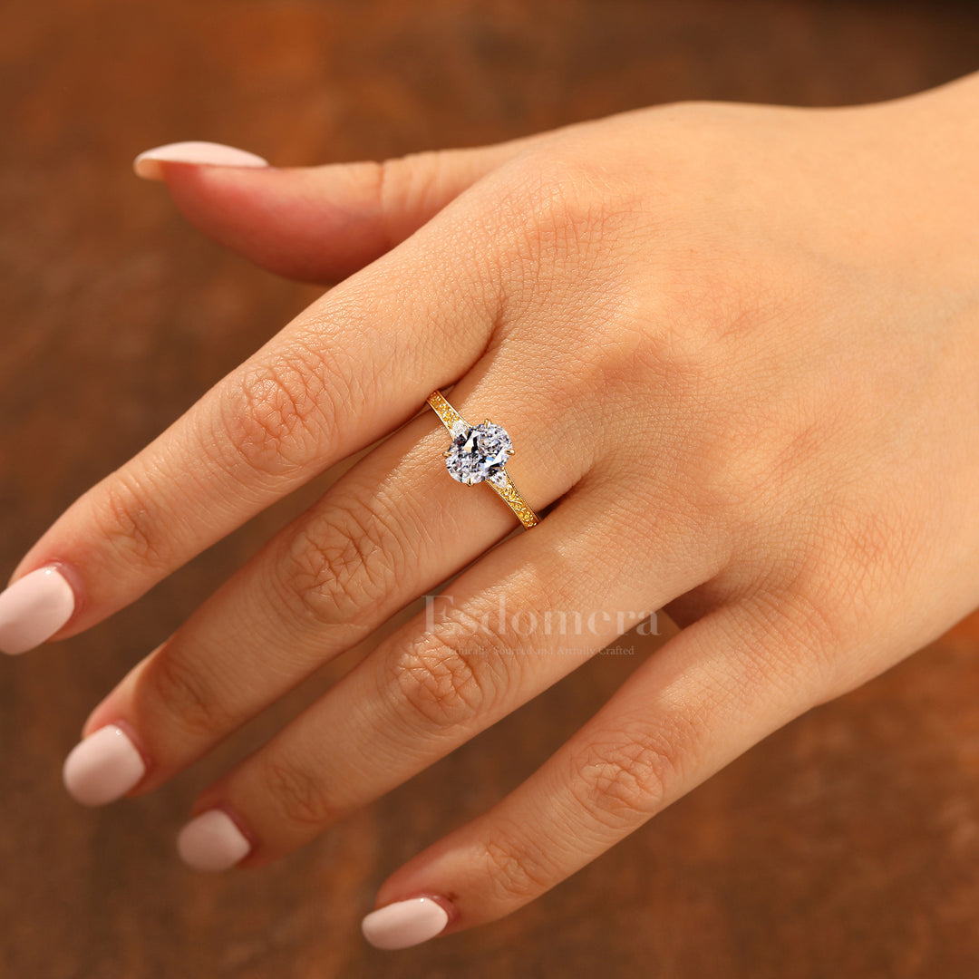 14K Anillo de compromiso nupcial con diamante ovalado de laboratorio estilo Art Deco y banda de filigrana (Certificado IGI)