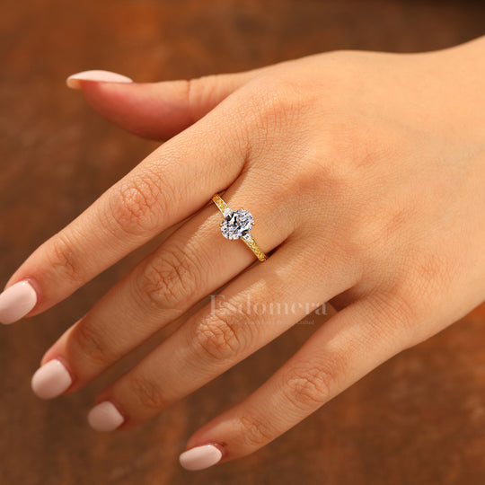 14K Anillo de compromiso nupcial con diamante ovalado de laboratorio estilo Art Deco y banda de filigrana (Certificado IGI)