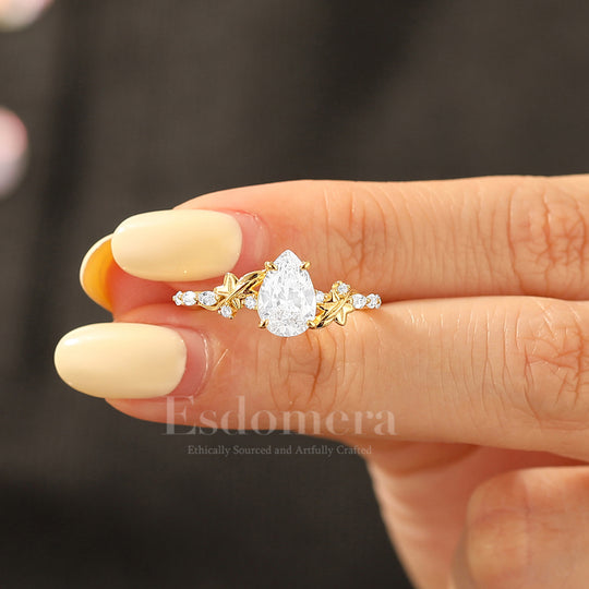 Ethereal Pear Cut Moissanite Women Wedding Ring Leaf Motif Engagement Ring
