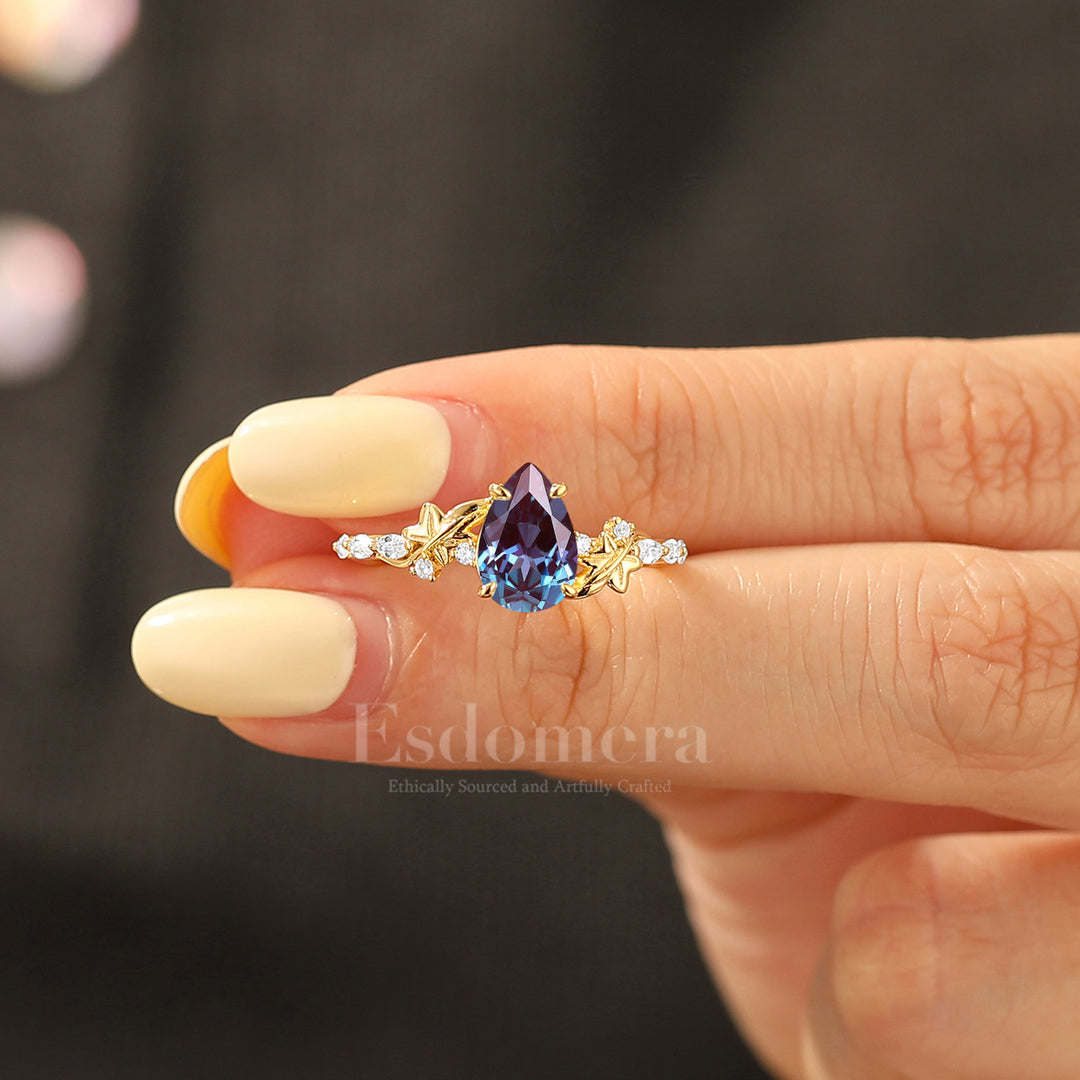 Sculpted Botanical Alexandrite Wedding Band Flowing Curves Band Side Accents Women Ring
