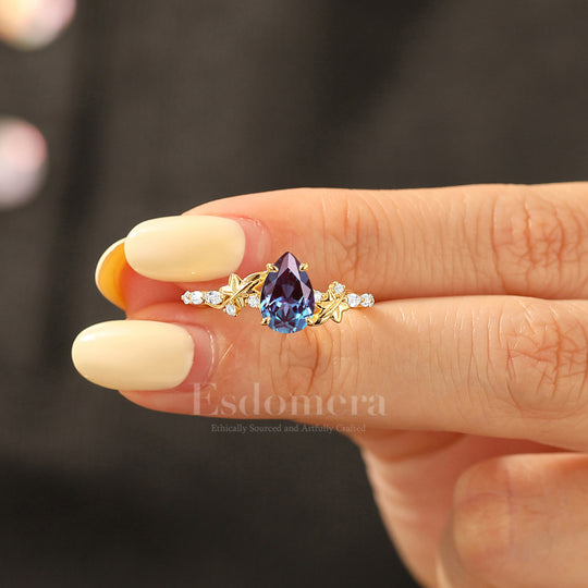 Sculpted Botanical Alexandrite Wedding Band Flowing Curves Band Side Accents Women Ring