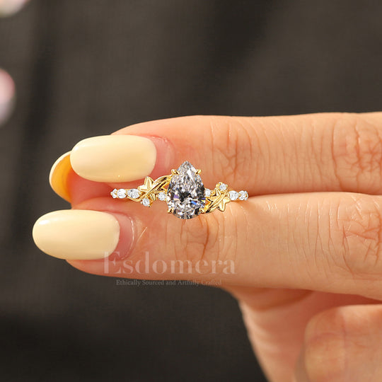Fairytale Pear Cut Lab Grown Diamond Engagement Ring Carved Leaf Wedding Ring For Her (IGI Certified)