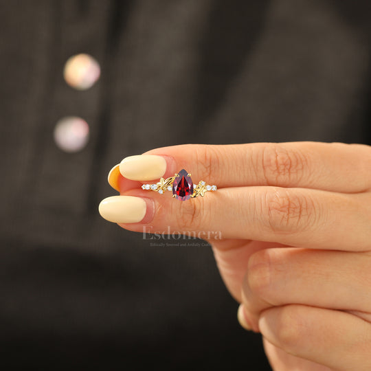 Fairycore Inspired Pear Cut Red Garnet Engagement Ring Botanical Design Women Fine Ring