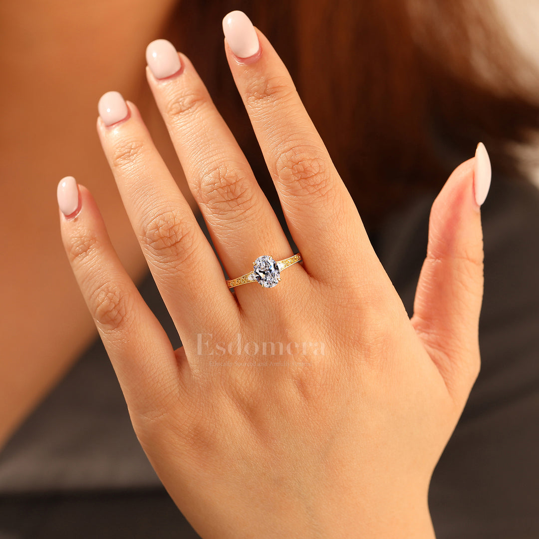 14K Anillo de compromiso nupcial con diamante ovalado de laboratorio estilo Art Deco y banda de filigrana (Certificado IGI)