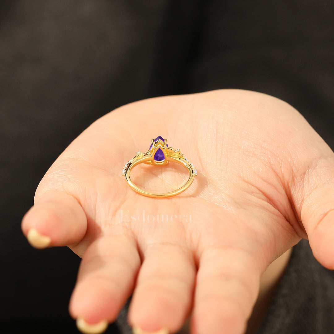 Woodland Inspired Pear Natural Amethyst Engagement Ring Delicate Stone Accents Bridal Ring