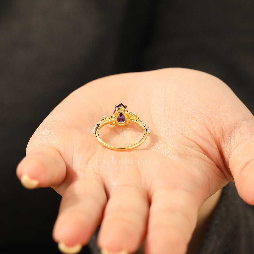 Fairycore Inspired Pear Cut Red Garnet Engagement Ring Botanical Design Women Fine Ring