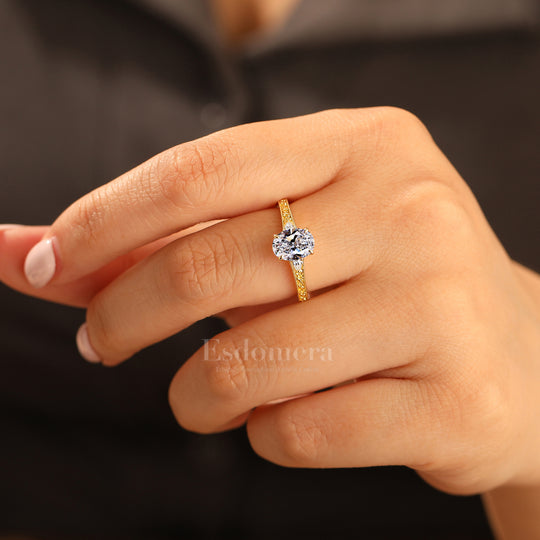 14K Anillo de compromiso nupcial con diamante ovalado de laboratorio estilo Art Deco y banda de filigrana (Certificado IGI)