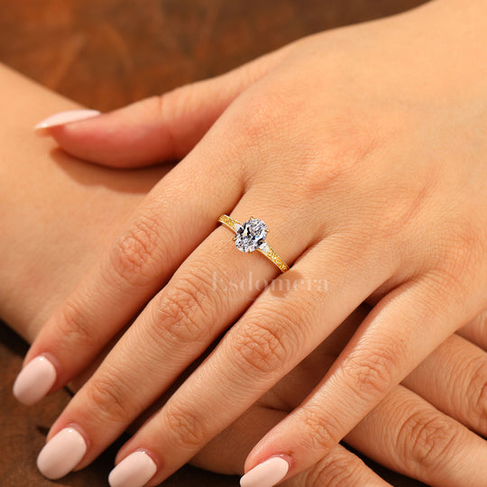 14K Anillo de compromiso nupcial con diamante ovalado de laboratorio estilo Art Deco y banda de filigrana (Certificado IGI)