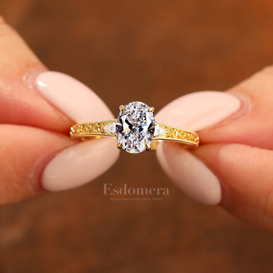 14K Anillo de compromiso nupcial con diamante ovalado de laboratorio estilo Art Deco y banda de filigrana (Certificado IGI)