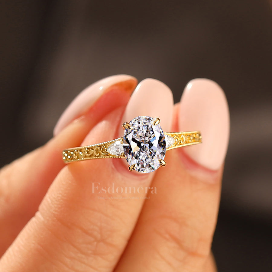 14K Art Deco Style Oval Cut Lab Grown Diamond with Filigree Band Bridal Ring Engagement Ring (IGI Certified)