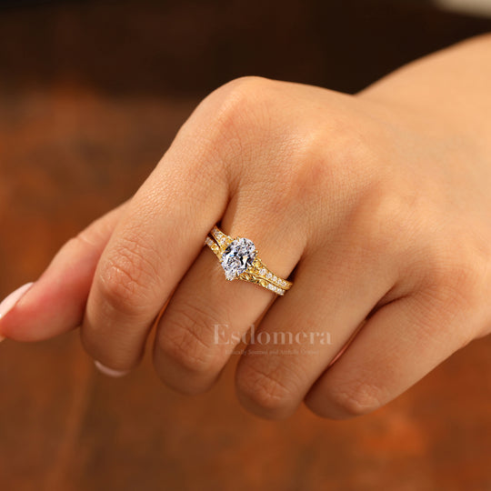 Antique Pear Cut Lab Grown Diamond 2pcs Wedding Ring Set Filigree Solid Yellow Gold Bridal Stacking Set (IGI Certified)