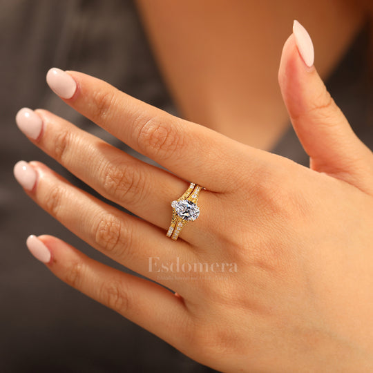 Antique Pear Cut Lab Grown Diamond 2pcs Wedding Ring Set Filigree Solid Yellow Gold Bridal Stacking Set (IGI Certified)