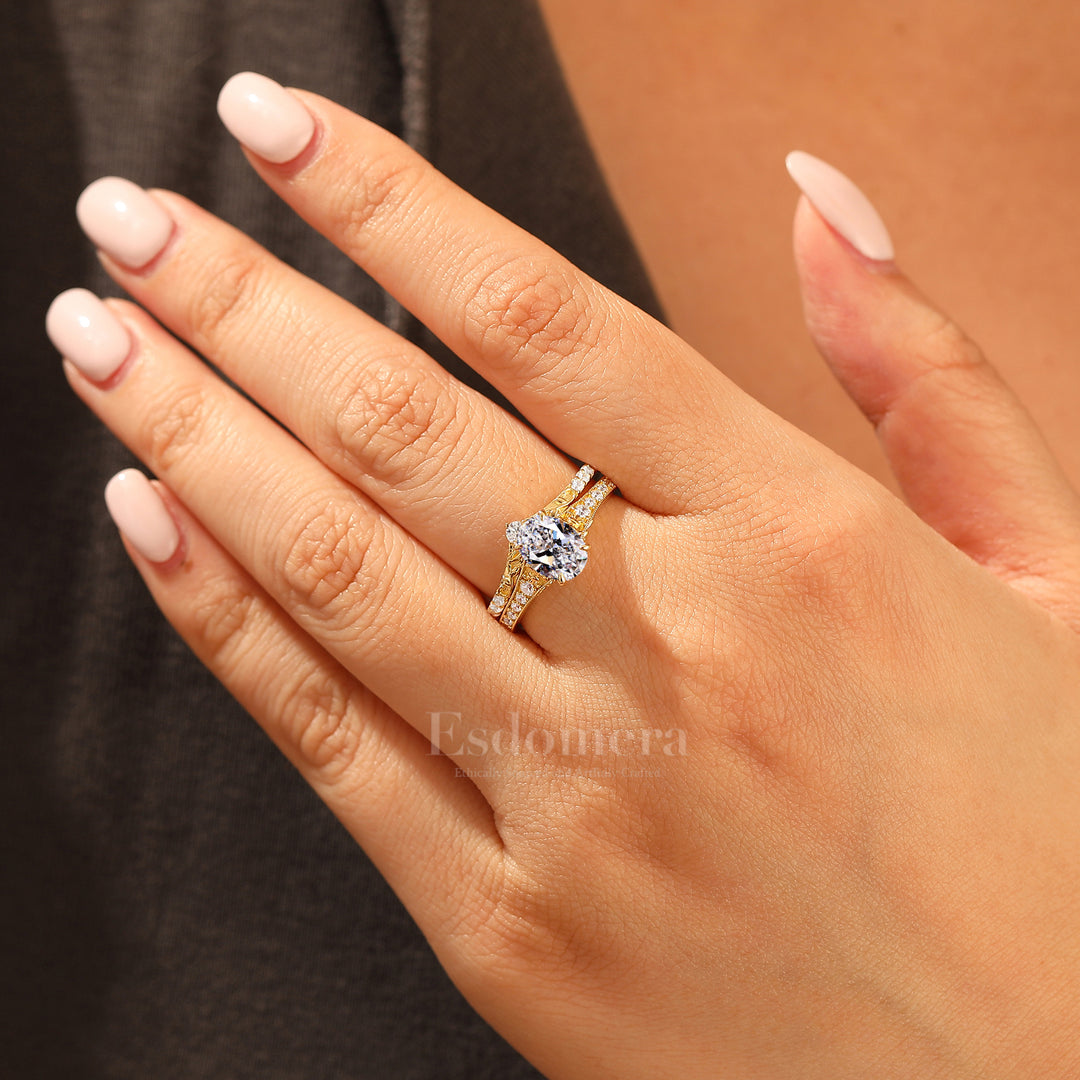 Antique Pear Cut Lab Grown Diamond 2pcs Wedding Ring Set Filigree Solid Yellow Gold Bridal Stacking Set (IGI Certified)