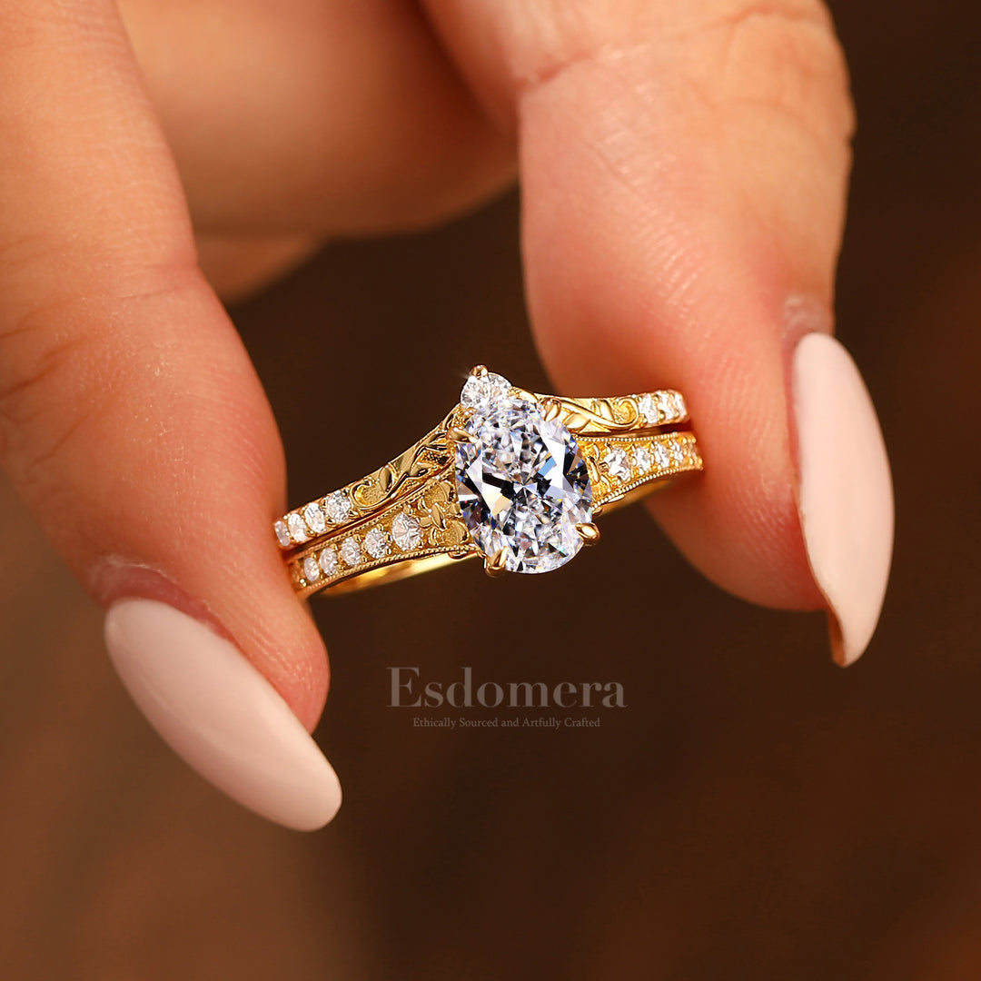 Antique Pear Cut Lab Grown Diamond 2pcs Wedding Ring Set Filigree Solid Yellow Gold Bridal Stacking Set (IGI Certified)