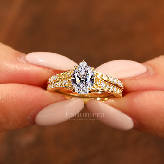Antique Pear Cut Lab Grown Diamond 2pcs Wedding Ring Set Filigree Solid Yellow Gold Bridal Stacking Set (IGI Certified)