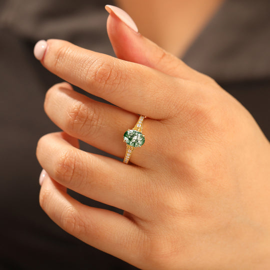 Antique Floral Engraved Oval Cut Moss Agate Engagement Ring Solid Yellow Gold Wedding Ring