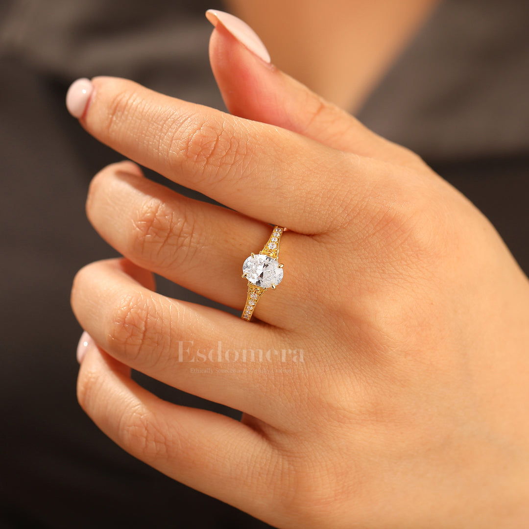 Solid Gelbgold Vintage Ovaler Moissanit Verlobungsring mit geschnitztem Reben-Design Brautring