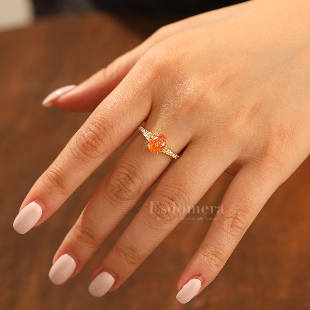 Antique Floral Engraved Oval Cut Sunstone Engagement Ring Solid Yellow Gold Wedding Ring