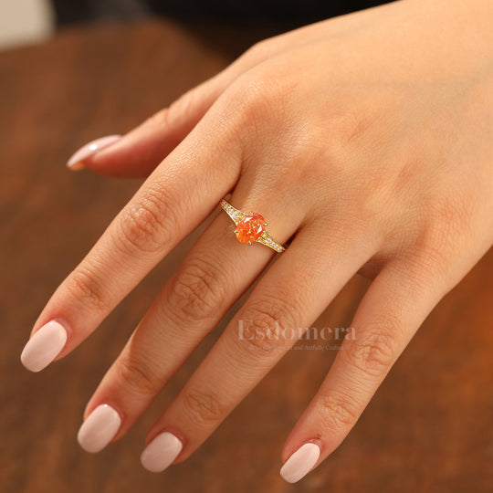 Antique Floral Engraved Oval Cut Sunstone Engagement Ring Solid Yellow Gold Wedding Ring