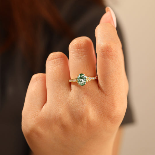 Antique Floral Engraved Oval Cut Moss Agate Engagement Ring Solid Yellow Gold Wedding Ring