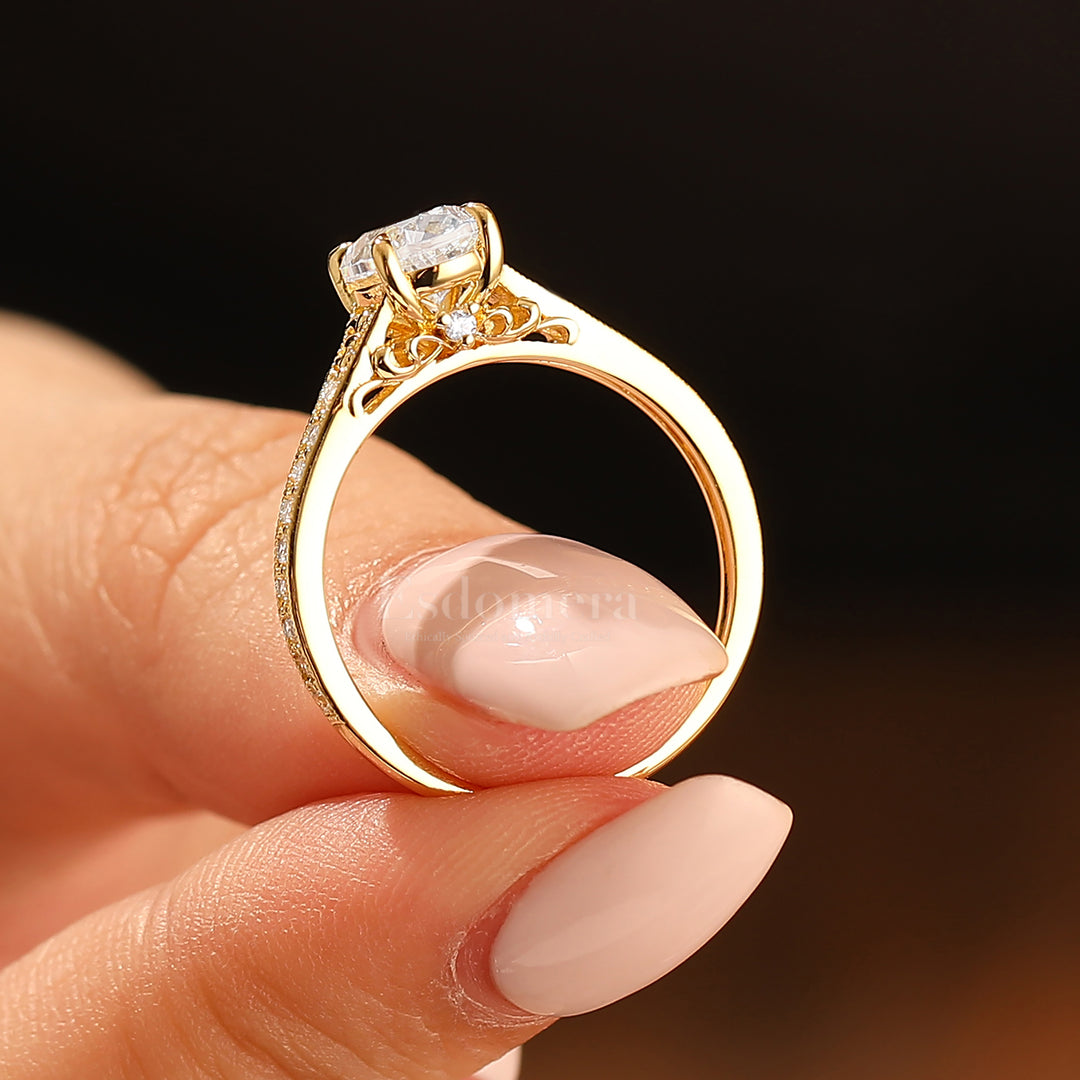 Solid Gelbgold Vintage Ovaler Moissanit Verlobungsring mit geschnitztem Reben-Design Brautring