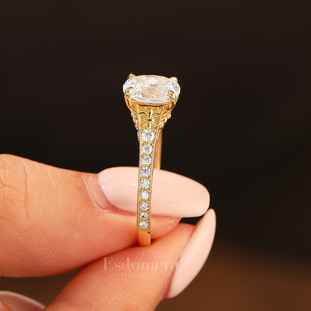 Solid Gelbgold Vintage Ovaler Moissanit Verlobungsring mit geschnitztem Reben-Design Brautring