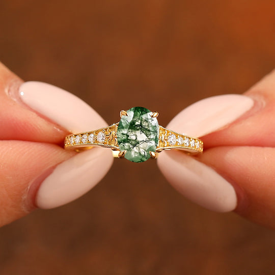 Antique Floral Engraved Oval Cut Moss Agate Engagement Ring Solid Yellow Gold Wedding Ring