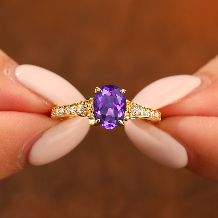 Oval Cut Amethyst Wedding Ring Filigree 14k Gold Women Ring Prong Setting Bridal Ring