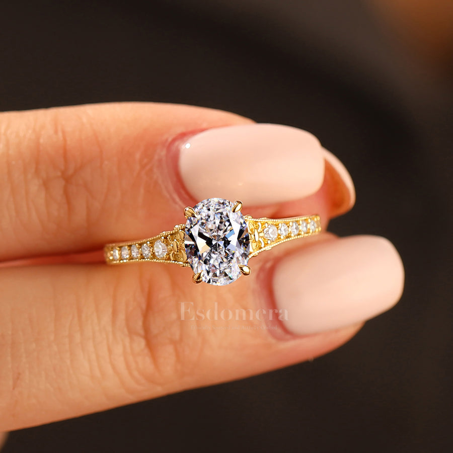 14K Vintage Oval Cut Lab Grown Diamond with Pave Set Band in Yellow Gold Solitaire Ring Engagement Ring (IGI Certified)