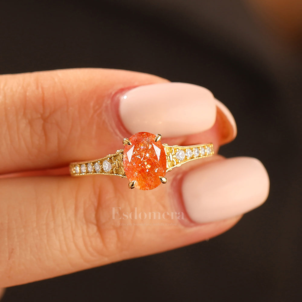 Antique Floral Engraved Oval Cut Sunstone Engagement Ring Solid Yellow Gold Wedding Ring