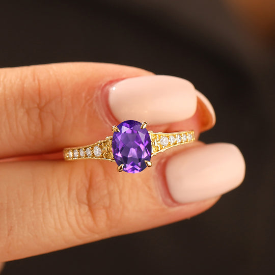 Oval Cut Amethyst Wedding Ring Filigree 14k Gold Women Ring Prong Setting Bridal Ring