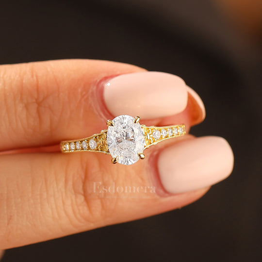 Solid Gelbgold Vintage Ovaler Moissanit Verlobungsring mit geschnitztem Reben-Design Brautring