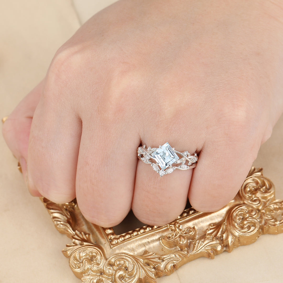 2CT Princess Cut Aquamarine Engagement Ring Set Women Dainty Anniversary Ring Set