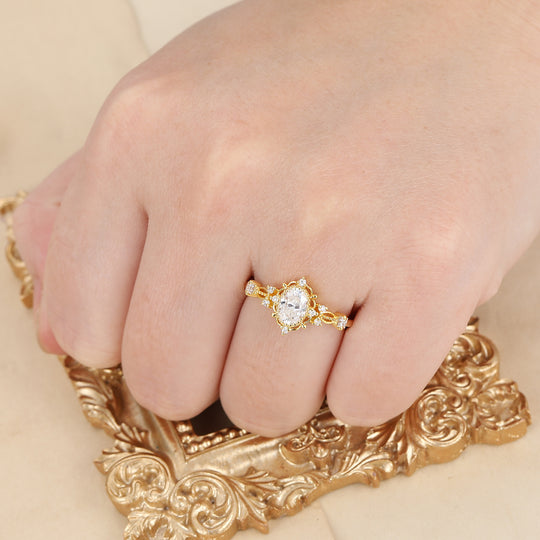 Baroque-inspired Oval Shaped Moissanite Floral Engagement Ring Milgrain Rose Gold Bridal Ring