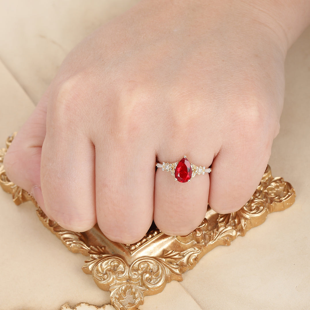 Art Deco 1.5CT Pear Cut Ruby Engagement Ring Leaf Floral Engraved Women Ring -  Esdomera.com
