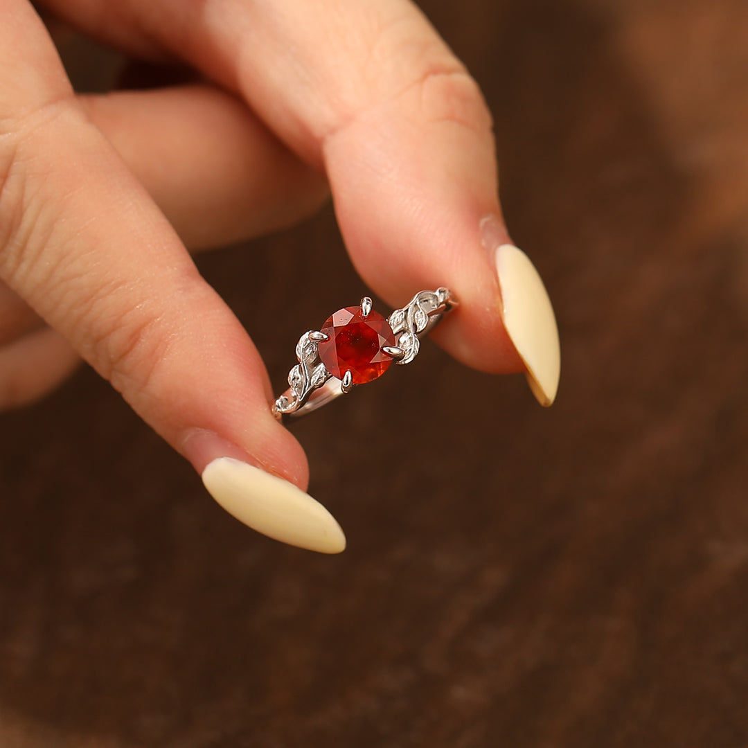 Antiek  Natuur Geïnspireerd 1.25 CT Rond Geslepen 14k Goud Rode Granaat Blad Ring