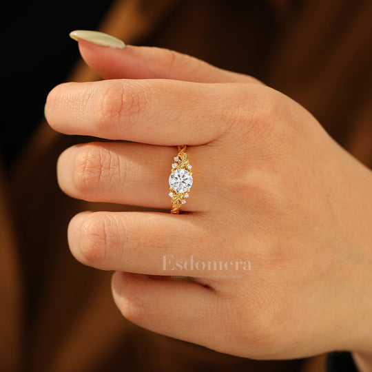 Leaf Branch 1CT Round Moissanite Engagement Ring Solid Gold Floral Bridal Anniversary Ring